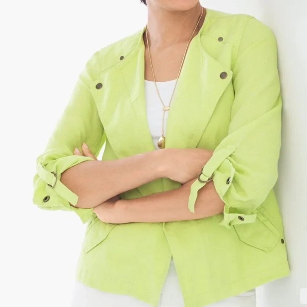 Chicos Drape Front Easy Linen Jacket Chartreuse Roll Tab Sleeve Women Size Large